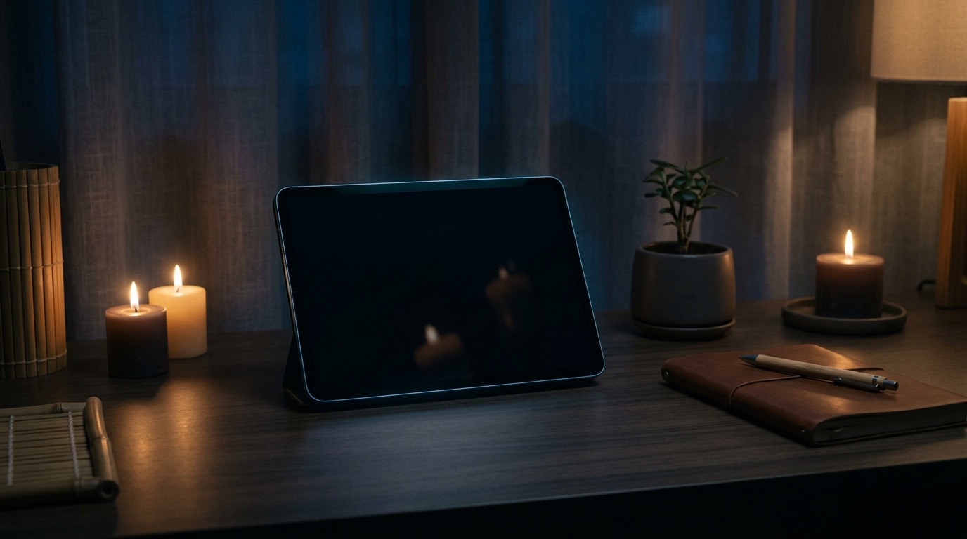 Mesa de trabalho à noite com tablet de tela apagada, velas e luz de luminária, sugerindo análise tranquila com a IA.